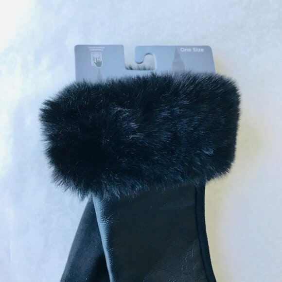 London Fog Faux Fur Gloves Women’s  Touch Screen Compatible Black NWT - Picture 2 of 5
